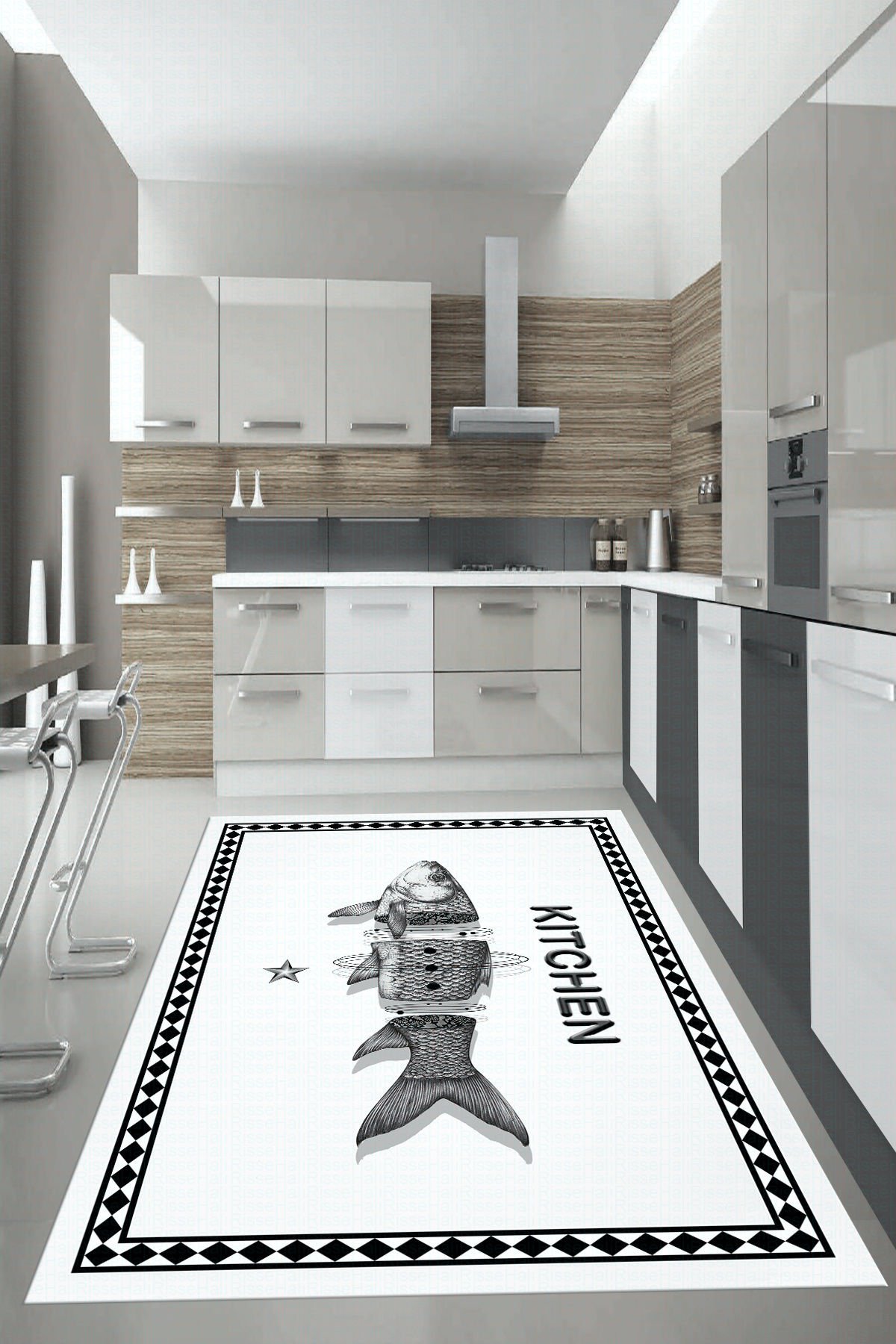Dot Taban- Beyaz Siyah Renkli Kitchen Yazılı 3d Balık Desenli Mutfak Halısı
