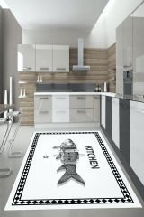 Dot Taban- Beyaz Siyah Renkli Kitchen Yazılı 3d Balık Desenli Mutfak Halısı