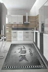 Dot Taban- Gri Beyaz Siyah Renkli Kitchen Yazılı 3d Balık Desenli Mutfak Halısı