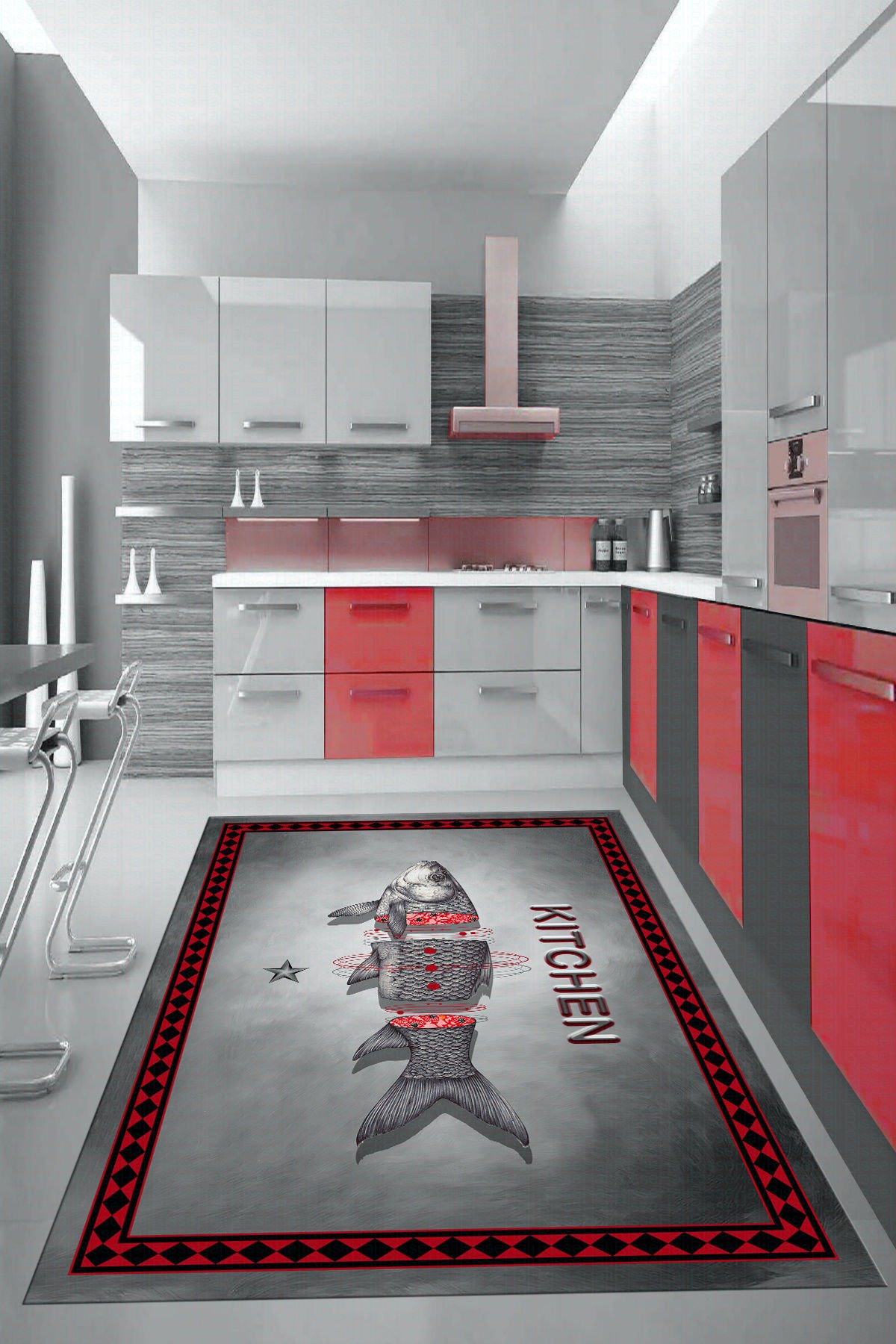 Dot Taban- Gri Kırmızı Renkli Kitchen Yazılı 3d Balık Desenli Mutfak Halısı