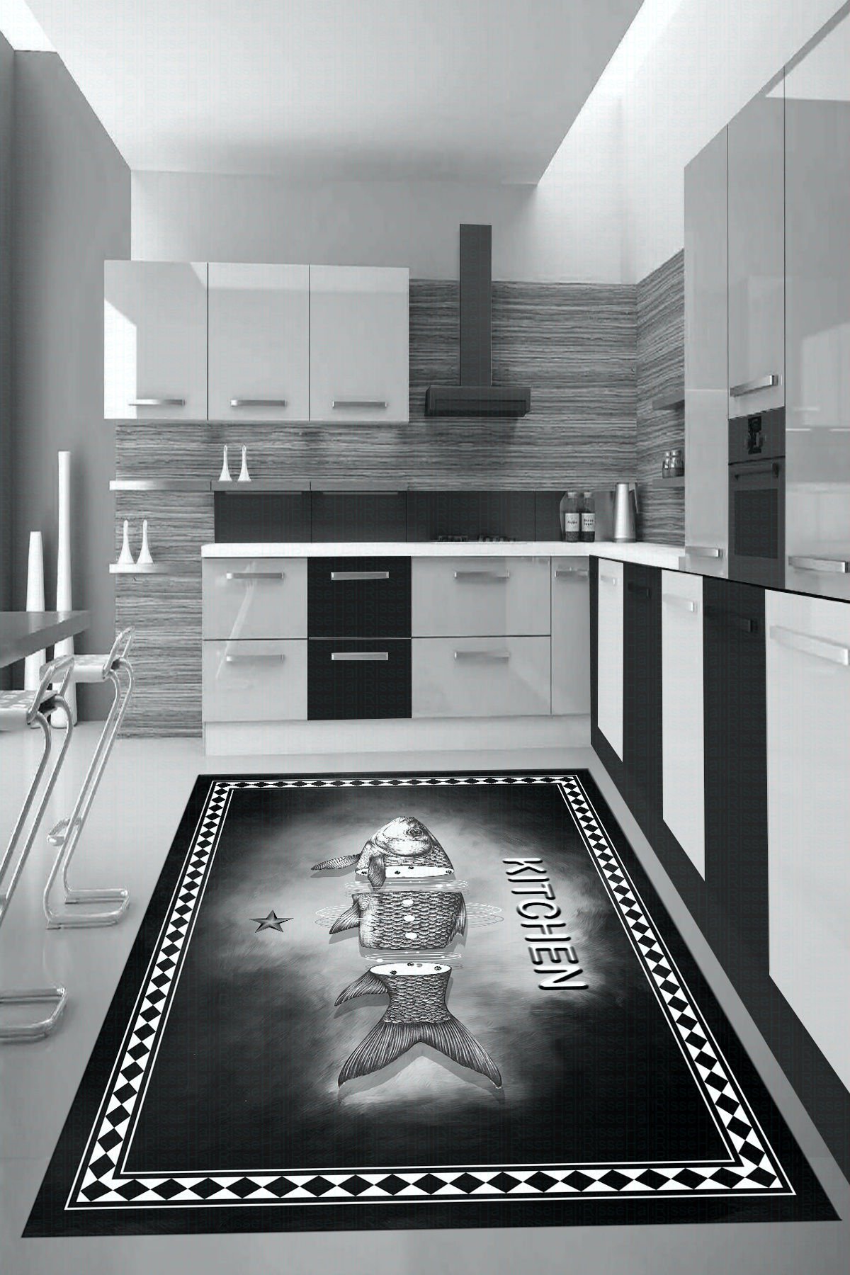 Dot Taban- Siyah Beyaz Renkli Kitchen Yazılı 3d Balık Desenli Mutfak Halısı