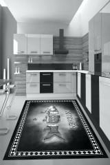Dot Taban- Siyah Beyaz Renkli Kitchen Yazılı 3d Balık Desenli Mutfak Halısı