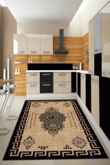 Dot Taban- Siyah Bej Renkli Hasır Desenli Geometrik Iskandinav Mutfak Halısı