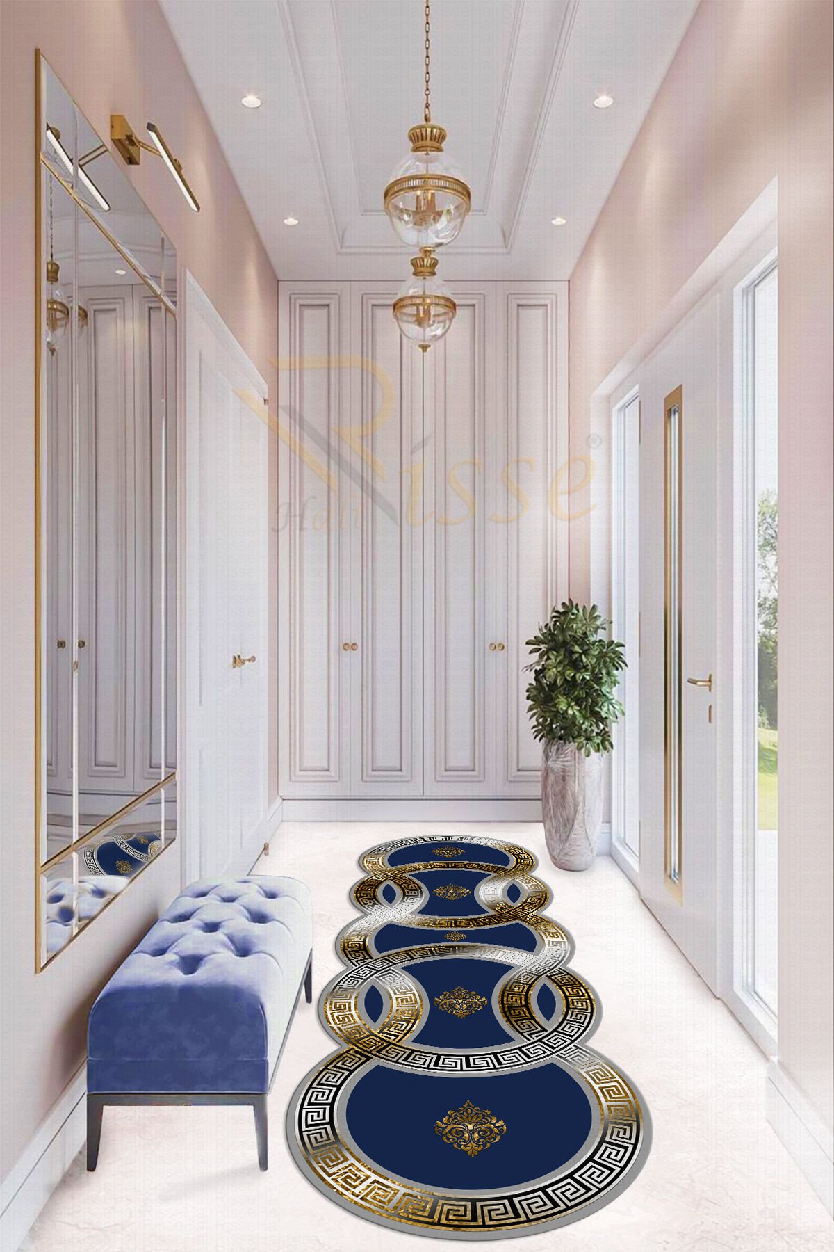 Dot Taban- New Trend Yollu Gri Lacivert Renkli Versa Desenli Yolluk Ve Salon Halısı Dod Taban - 100 x 700