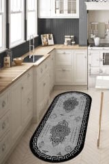 Dot Taban- Siyah Gri Renkli Hasır Desenli Oval Yolluk Mutfak Halısı