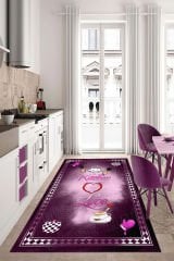 Dot Taban-  Mor Beyaz Renkli Kitchen Love Desenli Yolluk Çerçeveli Mutfak Halısı