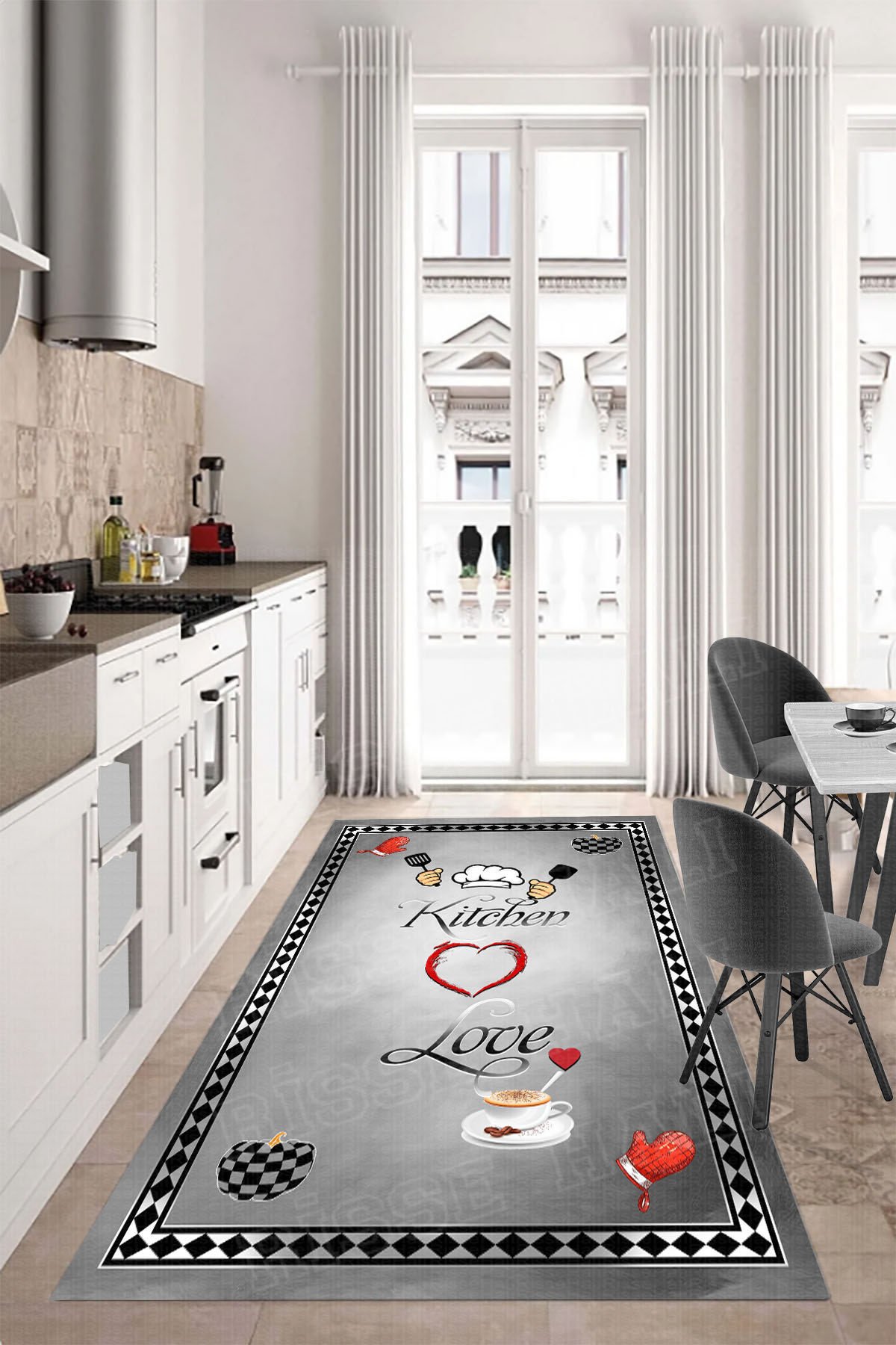 Dot Taban- Siyah Gri Renkli Kitchen Love Desenli Yolluk Çerçeveli Mutfak Halısı
