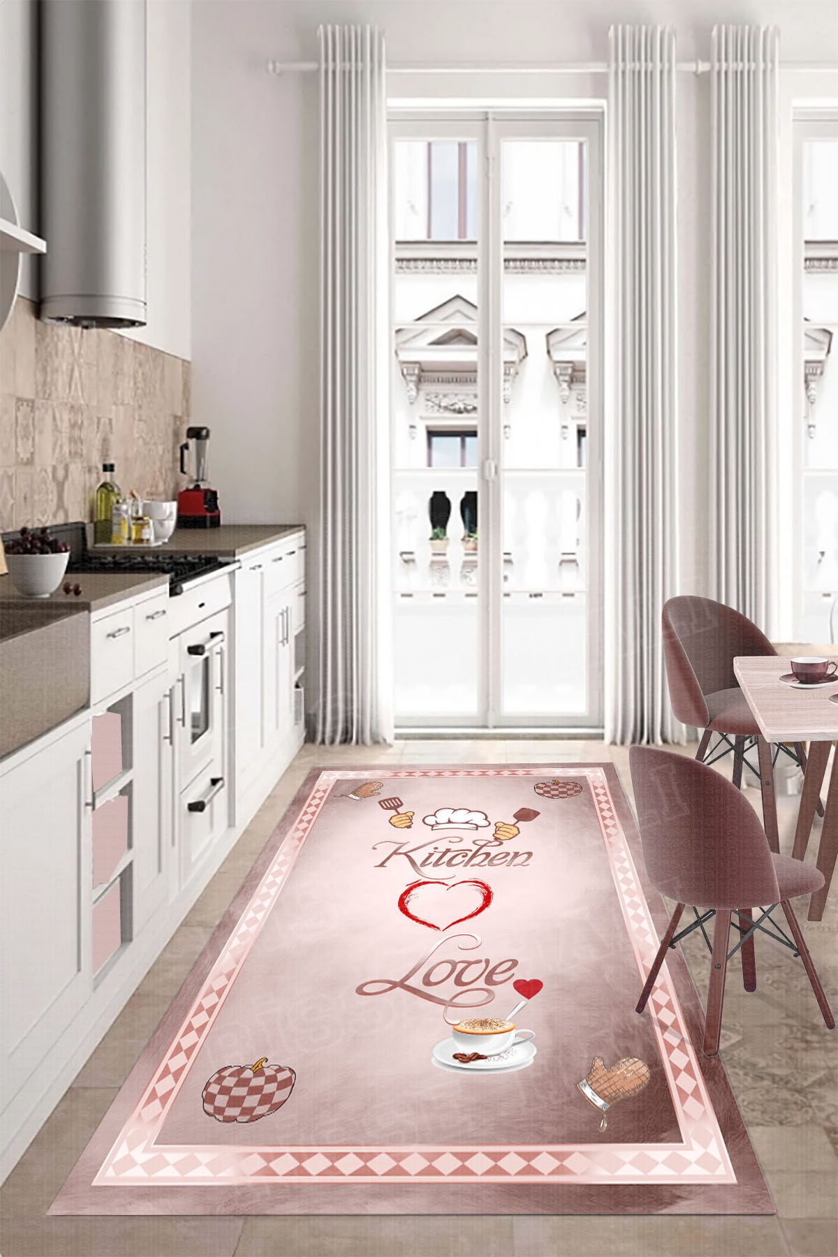 Dot Taban-  Pudra Beyaz Renkli Kitchen Love Desenli Yolluk Çerçeveli Mutfak Halısı