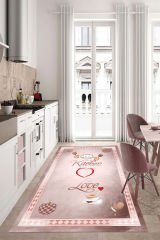 Dot Taban-  Pudra Beyaz Renkli Kitchen Love Desenli Yolluk Çerçeveli Mutfak Halısı