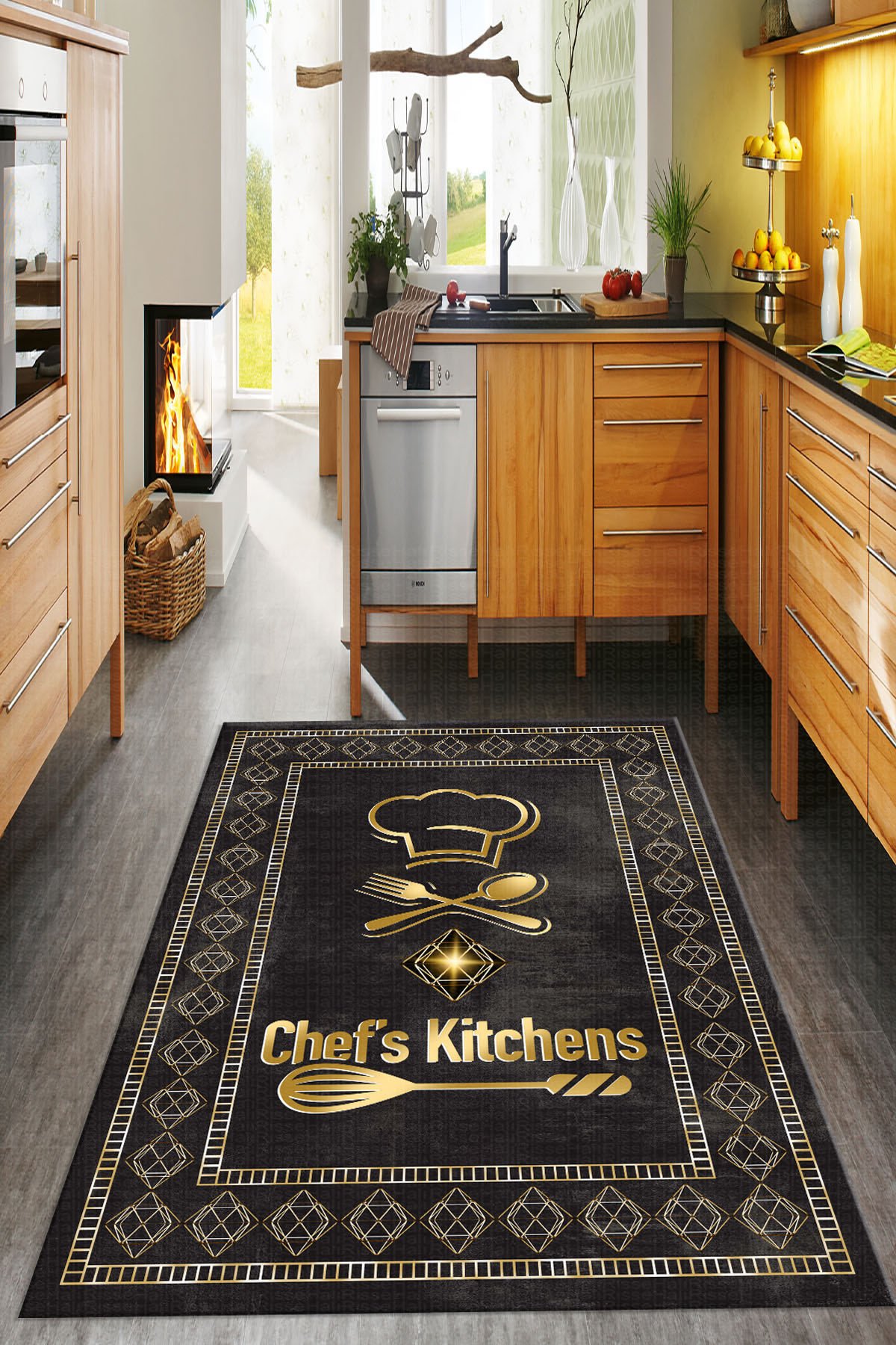Dot Taban- Gold Mat Renkli Chefs Kitchens Desenli En Güzel Mutfak Halısı
