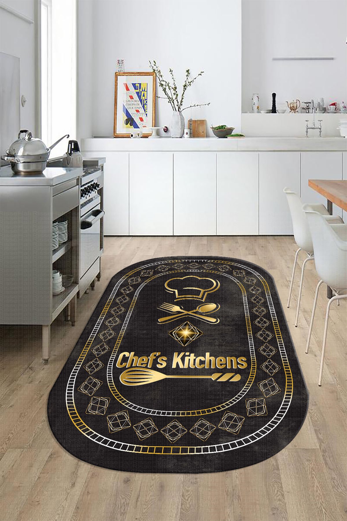 Dot Taban- Gold Mat Renkli Oval Chefs Kitchens Desenli En Güzel Mutfak Halısı