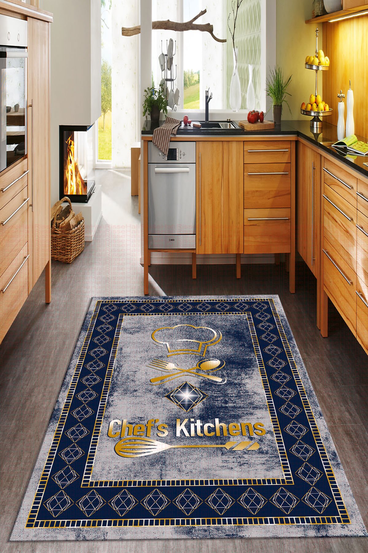 Dot Taban- Lacivert Gold Gri Renkli Chefs Kitchens Desenli En Güzel Mutfak Halısı