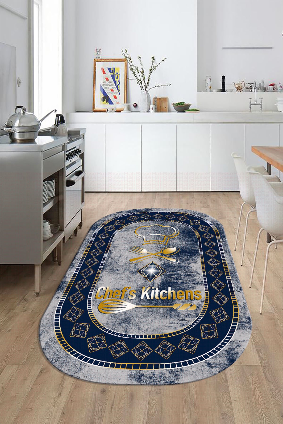 Dot Taban- Lacivert Gold Gri Renkli Oval Chefs Kitchens Desenli En Güzel Mutfak Halısı