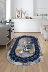 Dot Taban- Lacivert Gold Gri Renkli Oval Chefs Kitchens Desenli En Güzel Mutfak Halısı