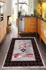 Dot Taban- Gri Syah Kırmızı Renkli Chefs Kitchens Desenli En Güzel Mutfak Halısı