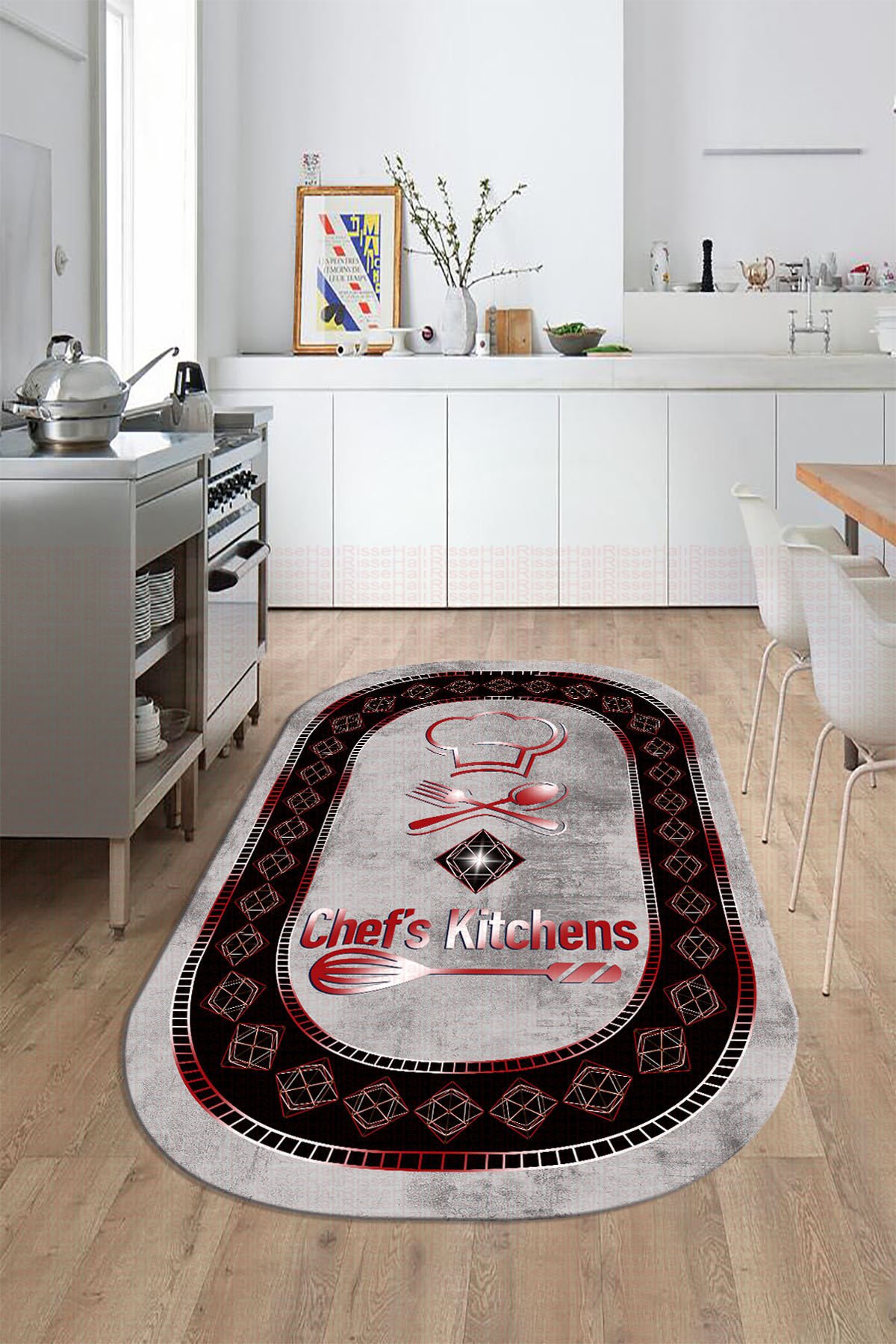 Dot Taban- Gri Syah Kırmızı Renkli Oval Chefs Kitchens Desenli En Güzel Mutfak Halısı