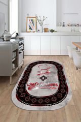 Dot Taban- Gri Syah Kırmızı Renkli Oval Chefs Kitchens Desenli En Güzel Mutfak Halısı