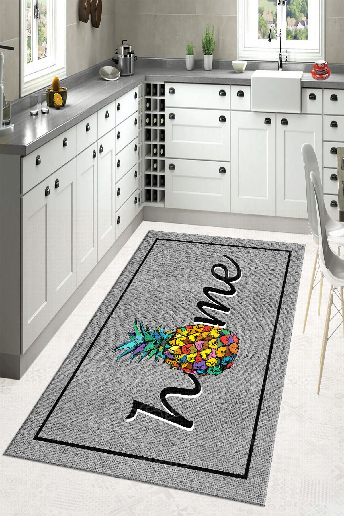 Dot Taban- Jüt Resim Home Yazılı Gri Renkli Kaktüs Desenli Mutfak Halısı