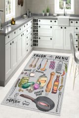 Dot Taban- Jüt Resimli Open Menu Yazılı Gri Renkli Desenli Mutfak Halısı