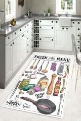 Dot Taban- Jüt Resimli Open Menu Yazılı Krem Renk Desenli Mutfak Halısı