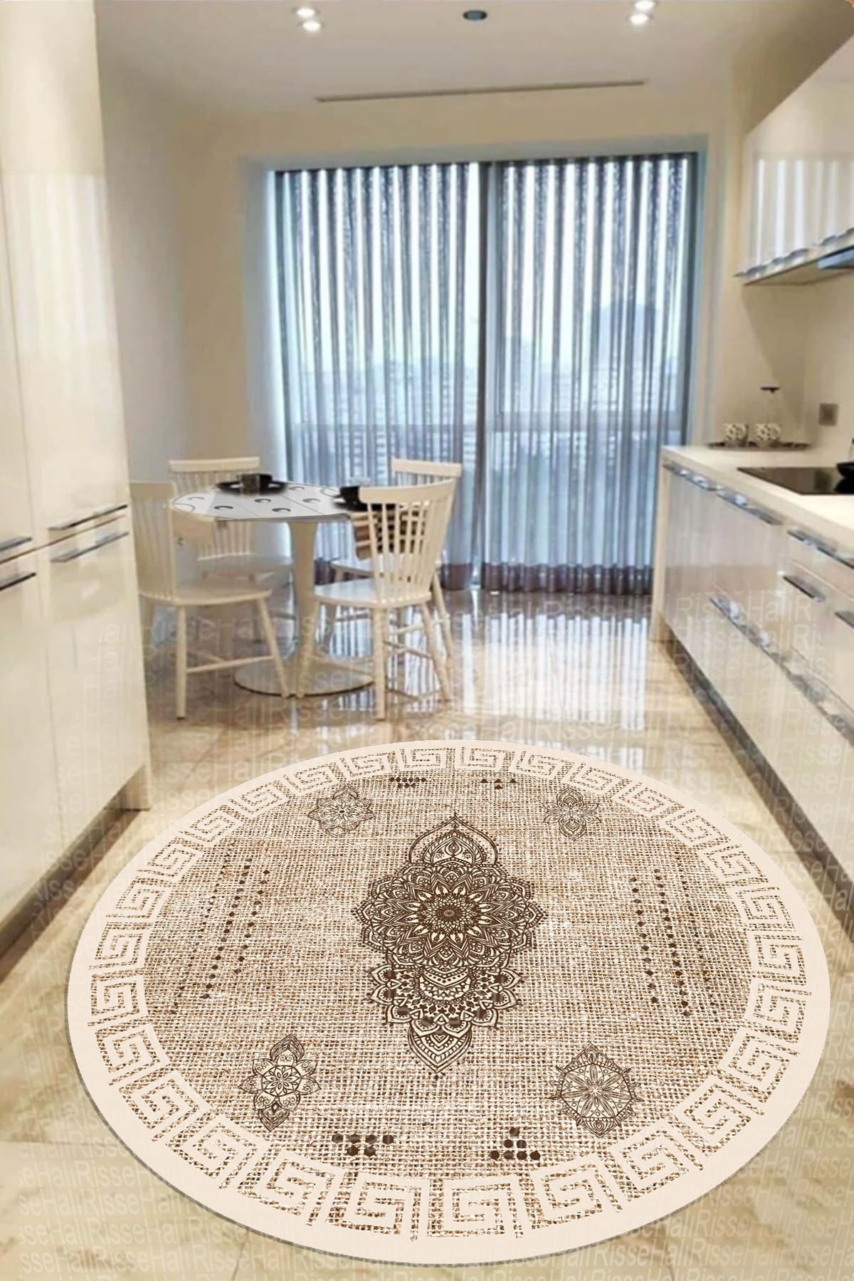Kahverengi Bej Renkli Hasır Desenli Geometrik Iskandinav Yuvarlak Mutfak Halısı
