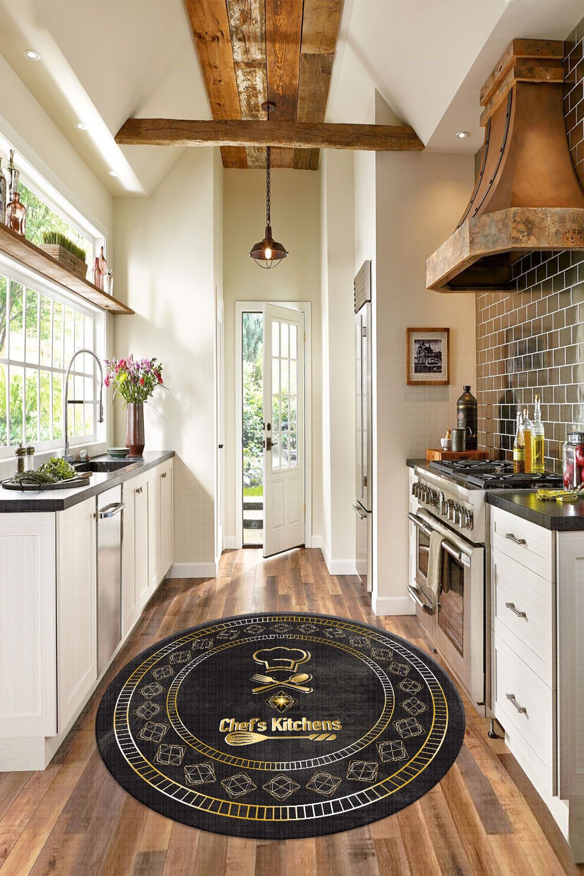 Gold Mat Renkli Yuvarlak Chefs Kitchens Desenli En Güzel Mutfak Halısı