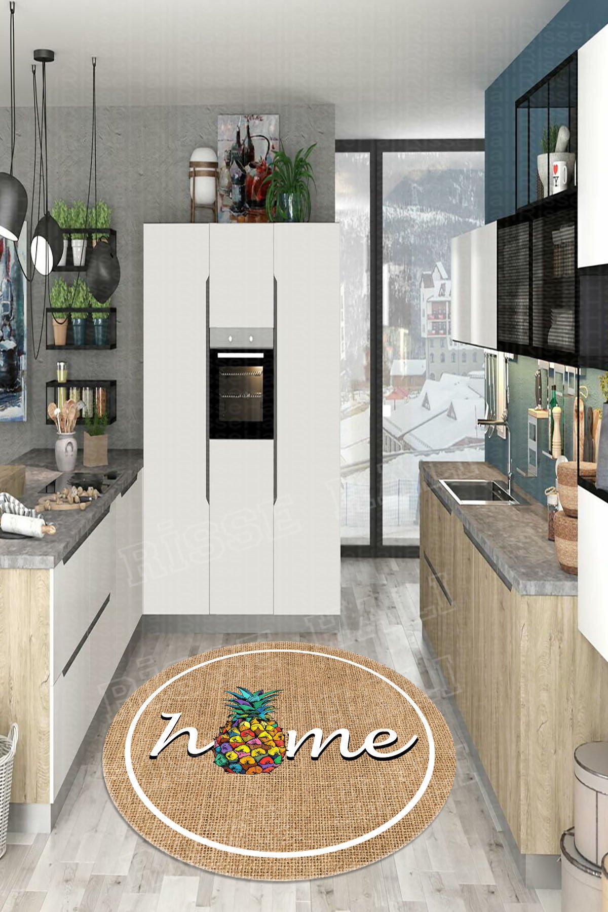 Yuvarlak Home Yazılı Bej Renkli Kaktüs Desenli Mutfak Halısı