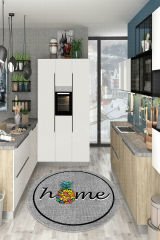 Yuvarlak Home Yazılı Gri Renkli Kaktüs Desenli Mutfak Halısı
