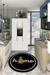 Yuvarlak Home Yazılı Siyah Renkli Kaktüs Desenli Mutfak Halısı